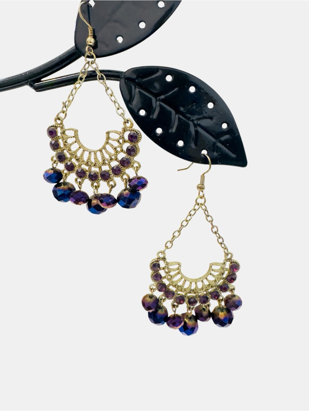 Boho Gold Tone Chandelier Earrings Purple Rhinestone & Faceted Beads